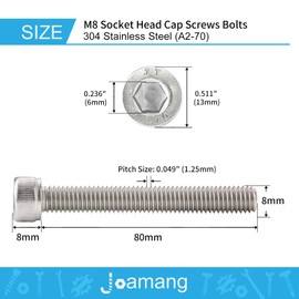 Joamang M8-1.25 x 80mm Socket Head Cap Screws Bolt, 304 Stainless Steel (A2-70), Metric Allen Hex Drive, Bright Finish, Fully Threaded, Quantity 8