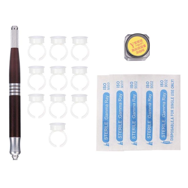 3D Eyebrow Microblading Tattoo Set, 1 Piece 2 Heads Microblading Pen + 1 Bottle Tattoo Pigment + 10 Pieces Pigment Rings + 5 Pieces 18 Pins Needle Blades for Training (Dark Coffee Tattoo Pigment)