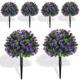 Yunlly Set of 6 Artificial Boxwood Topiary Ball Tree 16 Inch Outdoor Topiary Tree with Flower Fake Bushes, UV Resistance Faux Shrubs Evergreen Plant with Spike for Front Porch Indoor Decor(Purple)