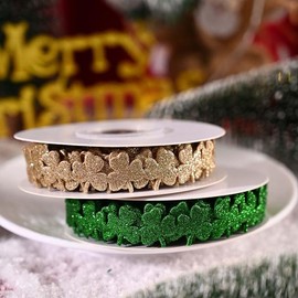 GreatRise 5 Yard Glitter Ribbon Christmas Clover Decorative Ribbon Gift Ribbon Ribbon Craft Ribbon for Crafts Christmas Party Hanging Decoration Gift Wrapping Gold 1 Roll
