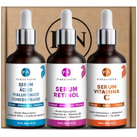 PUREZA NATUR Kit Serum facial Acido Hialurnico, Vitamina C y Retinol anti edad Paquete completo de serum para el cuidado de la piel, hidratacin y rejuvenecimiento (Kit AH Retinol Vit C)