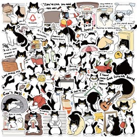 Yoksas Cute Tuxedo Cat Stickers - 50 Pcs Black White Cat Cartoon Decals for Laptops,Water Bottles,Scrapbooking,Journals,Kindle Case