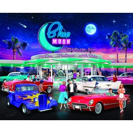 Bits and Pieces - 300 Piece Jigsaw Puzzle for Adults 18" x 24"  - Blue Moon Drive in - 300 pc 50's Diner Movie Theater Car Jigsaw by Artist Chris Dobrowolski