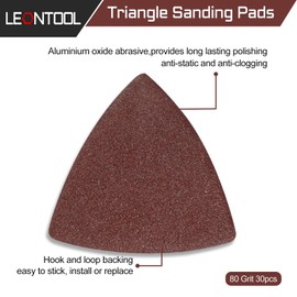 LEONTOOL 30 Pcs 3-1/8 Inch (80mm) Triangular Hook & Loop Oscillating Multitool Sanding Pads Triangle Sanding Pads 80 Grit No Hole Triangle Sandpaper Detail Sander Sandpaper for Wood Metal Polishing