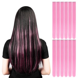 YaFex 12 Pcs Clip in Hair Extensions, 22 Inch Colored Hair Extensions Party Highlights Long Straight Synthetic Hairpieces for Women Kids Girls (Pink)