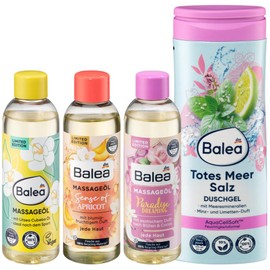 Balea Set of 4 Skin Care: Massage Oil Litsea Cubeba Smooth Soft Skin (100 ml) + Sense of Apricot Care Oil (100 ml) + Skin Oil Paradise Dreaming (100 ml) + Shower Gel Dead Sea Salt (300 ml) 600 ml
