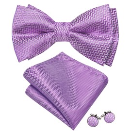 Barry.Wang Lavender Bow Ties for Men Pre-tied Bow Tie with Pocket Square Cufflinks Set Classic Striped Bowties for Party