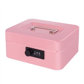 Goehiaul Cash Box with Combination Lock and Money Tray Metal Money Box for Cash Small Cash Box for Money Safe 7.87"x6.3"x3.54" Pink