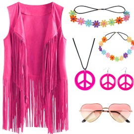 Hippie Costume Women's Vest Set Retro Boho Hippie Clothing Accessories Women's Pink Hippie Vest 60s 70s Clothing Women's Disco Outfit Cowgirl Fancy Dress Costumes Hippie Fringe Vest Woman Carnival