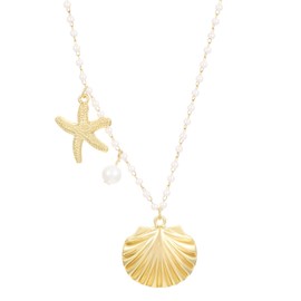Gold Shell Necklace Boho Seashell Starfish Ocean Sea Shell Conch Scallop White Pearl Beaded Chain Surfer Charm Necklace for Women Bohemian Beach Hawaiian Vacation Summer Party Outfits Trendy Jewelry (Gold)