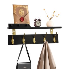 Lampaggio Wall Mounted Coat Rack with Shelf, 5 Gold Double Hooks, 3 Pegs, 16.5 inches Black Wood Floating Shelf for Entryway, Bathroom, Bedroom