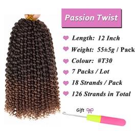 Samtress Passion Twist Hair 7 Packs Ombre Color Passion Twist Crochet Hair 12 Inch Water Wave Passion Twists Crochet Braids Hot Water Setting Synthetic Braids Hair Extensions for Women (#T30)
