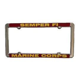Semper Fi Marine Corps License Plate Frame, Chrome Metal, Red and Gold