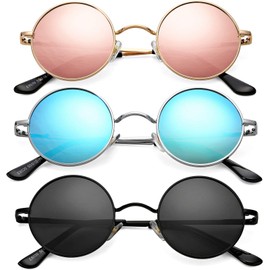 Braylenz 3 Pack Trendy Small Round Polarized Sunglasses for Women Men, Retro Hippie Style Shades Glasses (Pink Mirrored + Blue Mirrored + Black)
