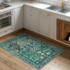 GENIMO 2x3 Area Rugs for Living Room, Machine Washable Low Pile Rugs, Non Slip Vintage Rug for Bedroom, Dining Room, Home Office, Kitchen, Peacock Green