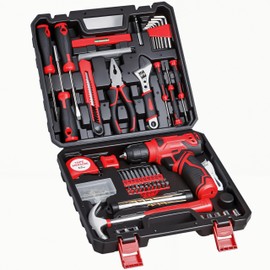 Tool Set - Tool Kit with 8V Cordless Drill, 132 Piece Tool Box with Drill, Home Tool Kits for Men & Women, Hand Drill Set Perfect for Homeowner, Diyer, Handyman-Yellow