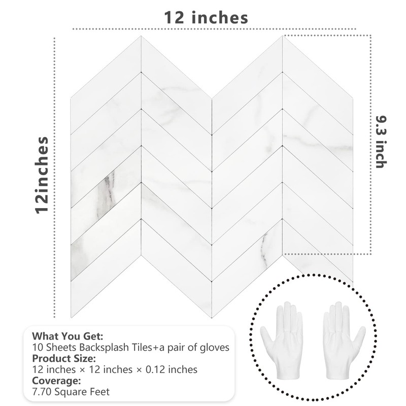 STICKGOO 10-Sheet Herringbone Tile Peel and Stick Backsplash, White Marble