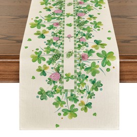 Artoid Mode Shamrocks Flower St. Patrick's Day Table Runner, Seasonal Holiday Kitchen Dining Table Runner for Home Party Decor 13x36 Inch