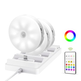 EZVALO Under Cabinet Lighting with Charging Station,1000mAh Rechargeable Puck Lights with Remote, 3 Color Temps & 12 RGB Closet Lights, Dimmable Motion Sensor Lights for Shelf, Kitchen (3 Packs)