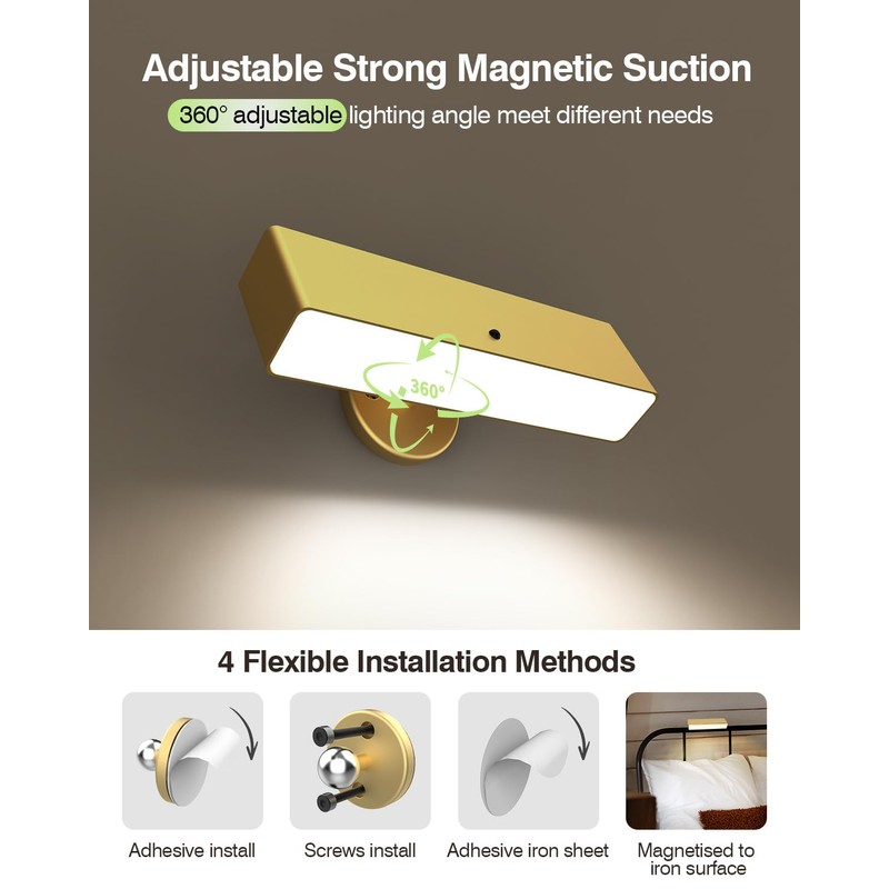Battery Powered Wall Sconce Lights Set of Two: Gold Rechargeable