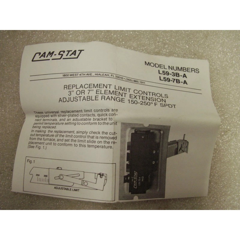 Cam-Stat Furnace Limit Control L59-3B-A 3Inch ADJ. Range 150 250F