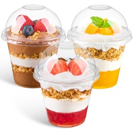 Qeirudu 50 Pack 9 Oz Clear Plastic Dessert Cups with Dome Lids No Hole, Small Parfait Cups Mini Round Party Serving Cups for Ice Creams, Cakes, Fruits, Snacks