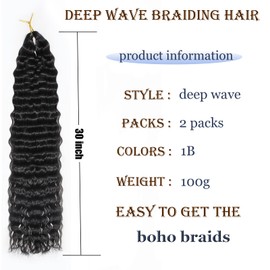 Ocean Wave Crochet Hair 30 Inch 2 Packs Deep Wave Curly Braiding Hair Extensions Synthetic Curly Crochet Hair For Black Women(30inch, 2pack, 1b)