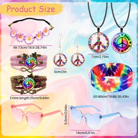 10Pcs Schlagermove Accessoires Hippie Accessoires Schlagermove 70er Jahre Accessoires Peace Kette, Ohrringe, Stirnband, Brillen,Armbänder für Damen Herren 70/80/90er Jahre Party Karneval Retro-Partys