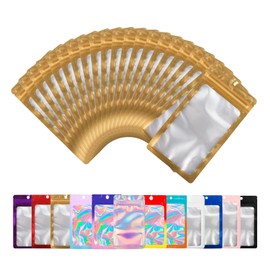 100 Pack Mylar Bags with Clear Window,Food Storage Smell Proof Bags,Scratch Resistant Hand Packaging,Resealable Bags for Small Bussiness Cookies Candy Sample (Gold, 2.36 * 3.94 inch)