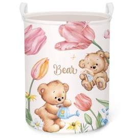 Clastyle 45L Collapsible Tulip Bear Laundry Basket Spring Garden Dirty Clothes Hamper for College Dorm Round Toys Pink Flower Nursery Hamper
