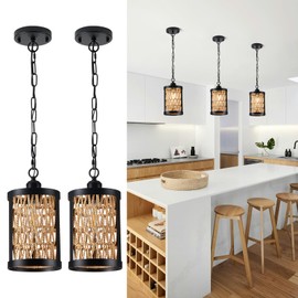 ASLAINY Rattan Pendant Lights Kitchen Island, 2 Pack Farmhouse Wicker Woven Pendant Light Fixtures with Chain, Black Industrial Boho Hanging Lighting for Kitchen Sink Dining Room, PE9501BK-BR-2PK