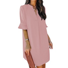 QACOHU Women's Summer Dress V Neck Casual Loose Flowy Swing Shift Wedding Guest Tunic Dress Pink XL