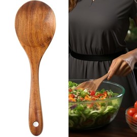 Large Teak Wood Spoon for Cooking, 13-Inch Teak Wooden Salad Sever, Natural Wood Salad Spoon with Long Handles, Wooden Salad Server Nontoxic BPA-Free & Heat Resistant