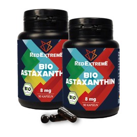 RedExtreme Organic Astaxanthin Capsules 2 x 90 Double Pack Astaxantin High Dose & Organic 8 mg Astaxanthin per Capsule Premium Astaxanthin Algamo® from the Blood Rain Algae (Haematococcus Pluvialis)
