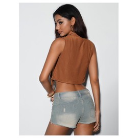 SweatyRocks Women's Fringe Sleeveless Vest Floral Embroidered 70s Hippie Crop Jacket Cardigan Brown Large