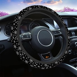 Swono Snowflakes Car Steering Wheel Covers Snowflakes On A Black Universal Fit 15 Inch Anti-Slip Steering Wheel Protector Cover Stretch-On Fabric Automotive Car SUV Sedans