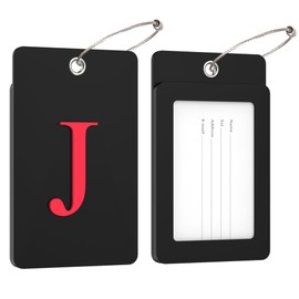 Gostwo 2 Pack Luggage Tags for Suitcases, 26 Initial Letter Travel Luggage Baggage Identification Labels ID Tag Fully Bendable Tags with Stainless Steel Loop (Black) (Letter J)