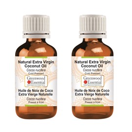Greenwood Essential Pure Natural Extra Virgin Coconut Oil (Cocos Nucifera) Natural Therapeutic Quality Cold Pressed (Pack of Two) 100 ml x 2 (6.76 oz)