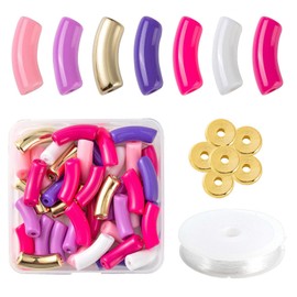 Craftdady 72 Pieces Curved Tube Beads Stretch Bracelet Making Acrylic Beads Gold Spacer Elastic Cord for Jewelry Stretch Bangle Purple Pink