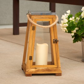 Smart Design 84044-LC Newport LED Candle Lantern, Wooden Lantern With Glass Panels And Rope, Includes Candle Powered By One Amber LED