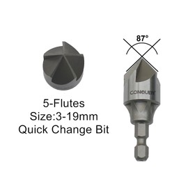 CONQUER Tools 5 Flute Metal Countersink Drill Bit, 87 Degree for 1/4'' Hex Shank Fit 1/8"-3/4"(3mm-19mm), Burr Removal, Deburring Beveling Chamfer Tool, Holes Shaping Trimming, Inner/Pipe Reamer
