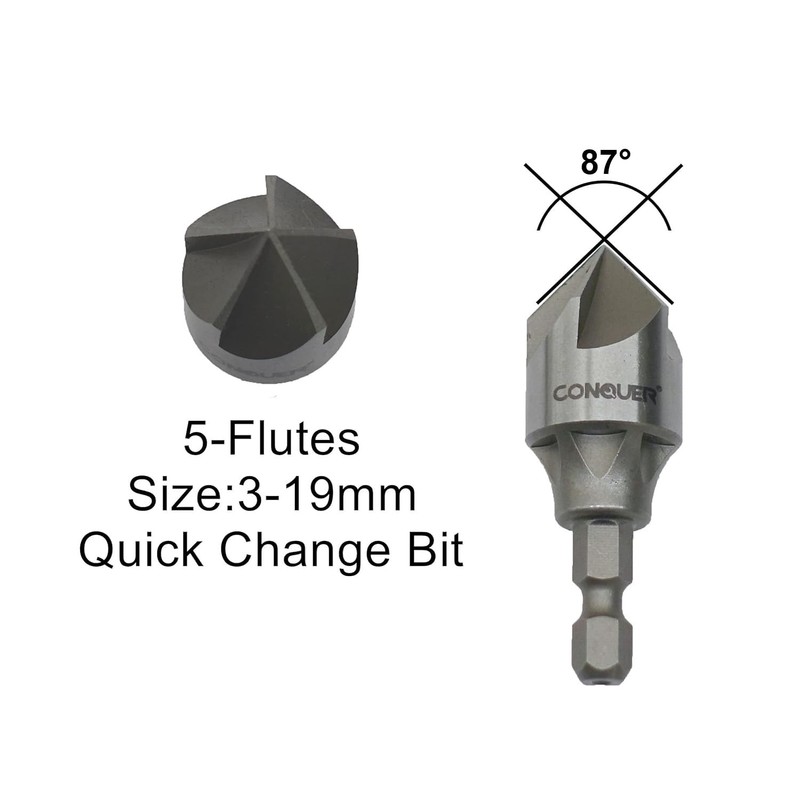 CONQUER Tools 5 Flute Metal Countersink Drill Bit, 87 Degree