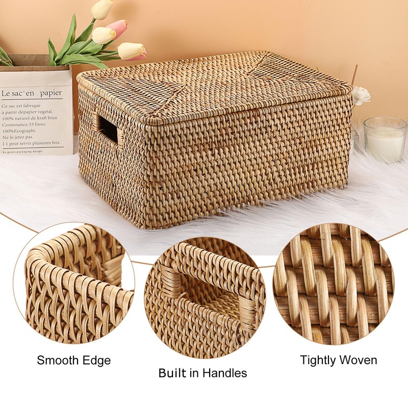 Hipiwe Rattan Basket With Lid Rectangular Lidded Basket Natural Hand-Woven