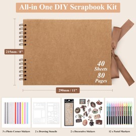 DazSpirit DIY Scrapbook Photo Album with Ribbon, 80 Pages/40 Sheets Scrap Book Rectangle Hardcover Photo Book, With 12 Marker Pens & 7 Stickers, Ideal for Scrapbooking, Arts, Crafts and DIY, Khaki