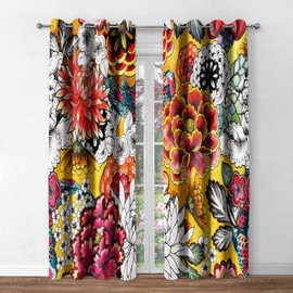 Jekeno Boho Floral Blackout Curtains Bohemian Colorful Flowers Print Decor Darkening Grommet Window Drapes for Bedroom Living Room, 42 Wide 54 Long Inches 2 Panel Set