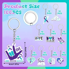 100 Pcs Suicide Prevention Keychain Mental Health Awareness Jewelry Inspirational Favors for Depression Motivational Supply World Suicide Prevention Day Hope Faith gifts Charity Campaign Supplies