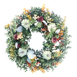 20”Eucalyptus Fall Wreaths for Front Door, White Pumpkin Door Wreaths for Front Door, Green Wreaths for Front Door Wreaths for All Seasons, Artificial Front Door Wreath