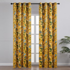 Topfinel Living Room Curtains 72 Inches Long Mustard Yellow Vintage Curtains & Drapes, Room Darkening Grommet Luxury Whimsical Floral Lemon Hummingbird Colorful Blackout Drapes for Living Room Bedroom