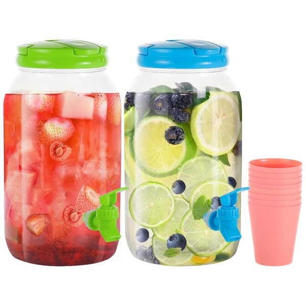 2 PCS Plastic Drink Dispenser with 8 Cups, 1 Gallon