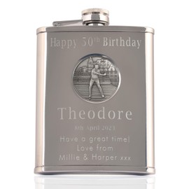 Mens 50th Birthday Stainless Steel Engraved Hip Flask with Solid Pewter Golfer Feature